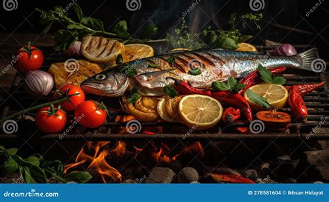 Big Fish Is Prepared On Hot Grill Tasty Meat On Grill Stock Illustration Illustration Of