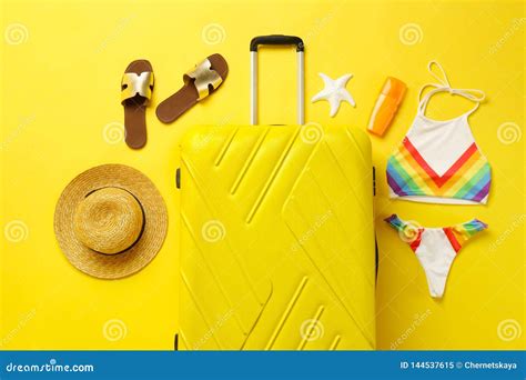 Flat Lay Composition With Suitcase Bikini And Beach Accessories Stock Image Image Of Flat