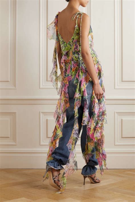 Dries Van Noten Asymmetric Ruffled Frayed Floral Print Silk Crepon Top