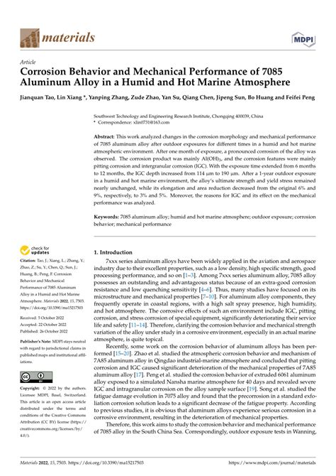 PDF Corrosion Behavior And Mechanical Performance Of Aluminum Alloy In A Humid And Hot