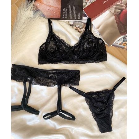 Conjunto Cinta Liga Preto Site Exclusivo De Lingerie