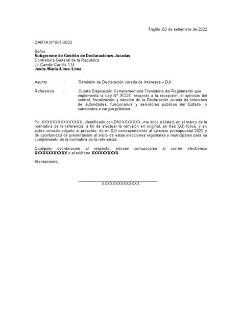 Modelo De Carta Declaración Jurada De Intereses Pdf