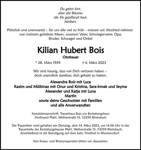 Traueranzeigen Von Kilian Hubert Bois Wirtrauern