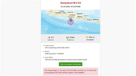 Gempa Magnitudo 5 7 Dengan Kedalaman 10 Km Barat Daya Pacitan Terasa