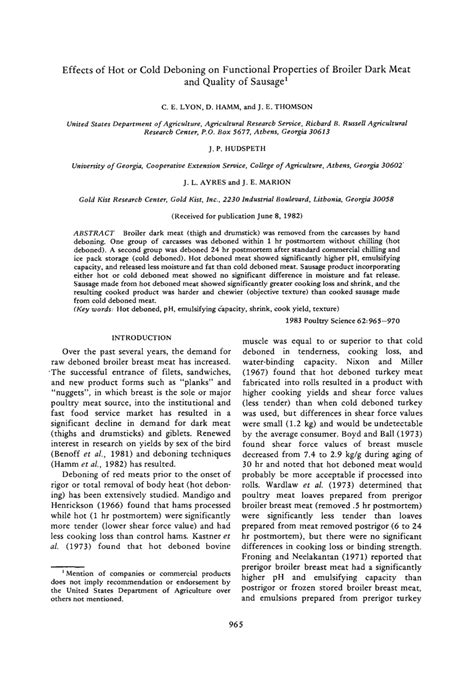PDF Effects Of Hot Or Cold Deboning On Functional Properties Of Broiler Dark Meat And Quality