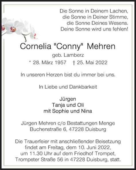 Traueranzeigen Von Cornelia Mehren Trauer In Nrw De