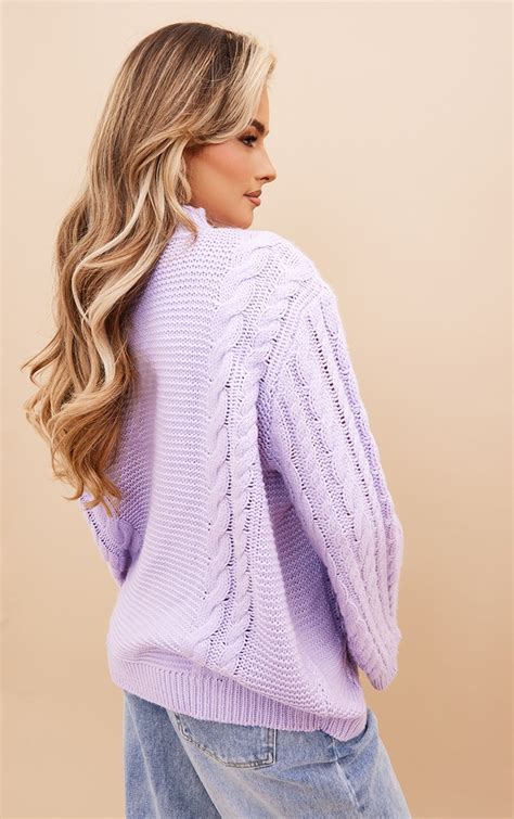 Lilac Extreme Sleeve Cable Knit Oversized Sweater Prettylittlething Usa