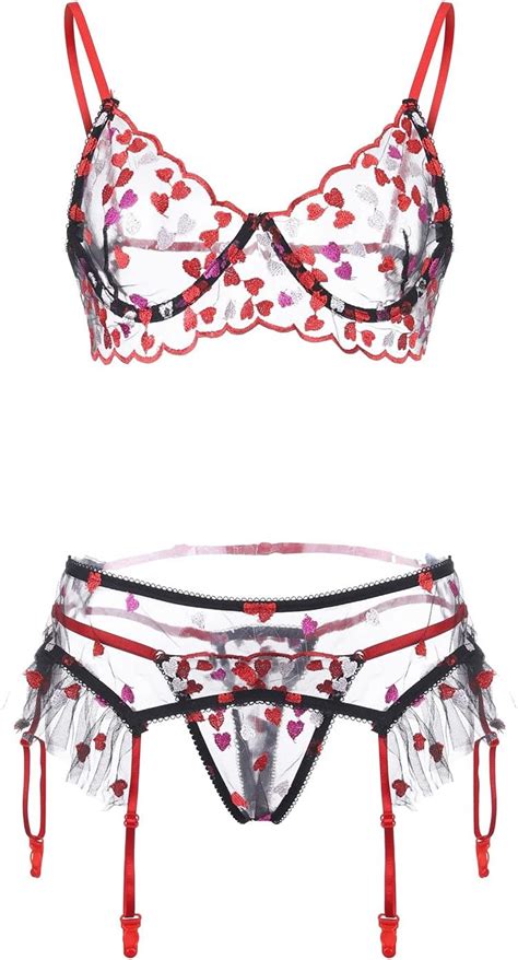 Amazon Heart Embroidered Sexy Lingerie For Women Underwire Push Up Naughty Bra And G String