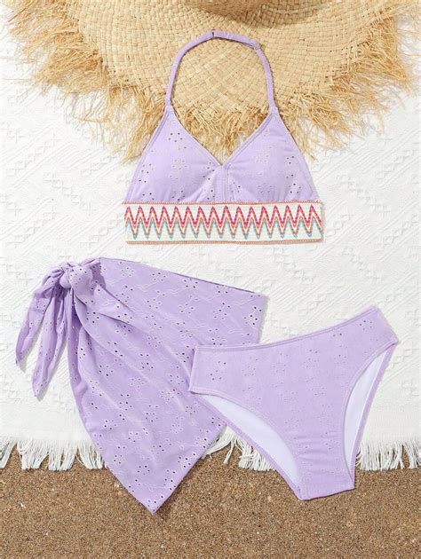 Tween Girl Hollow Out Embroidery Geometric Splice Design Halter Bikini Set With Strap Pcs