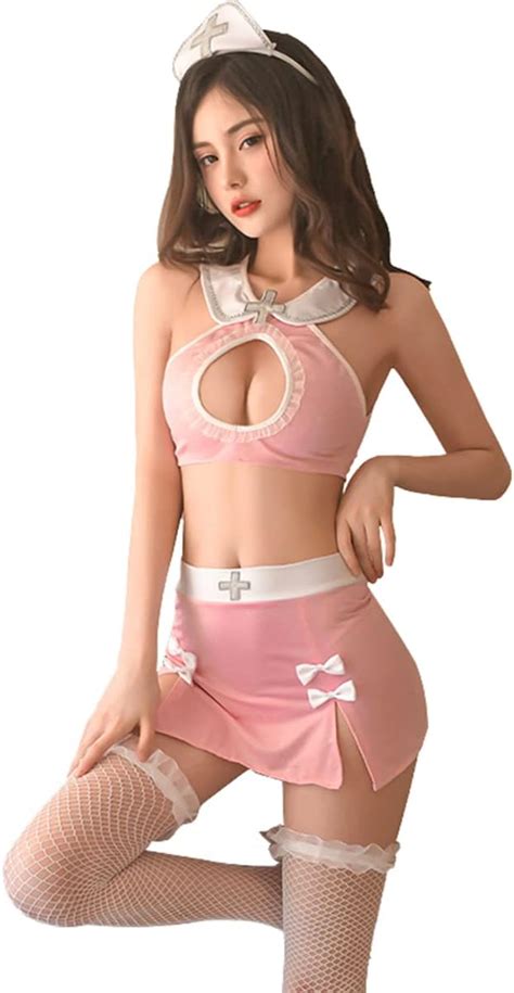 SNOMYRS Women Sexy Lingerie Anime Cosplay Nurse Costume Crop Top And Mini Skirt Set Nightwear