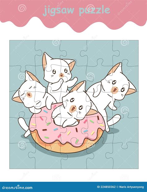 Jigsaw Puzzle Game Of Adorable Cats With Pink Doughnut Stock Vector