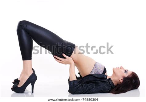 Sexy Brunette Woman Leather Jacket On Stock Photo 74880304 Shutterstock