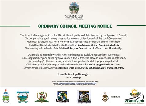 Ordinary Council Meeting Notice 28 June 2023 Chris Hani District