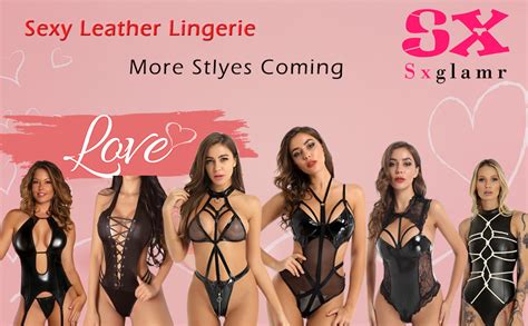 Amazon Sxglamr Women S Wet Look Lingerie Set Backless Leather Bodysuit Metal Tassel Chain