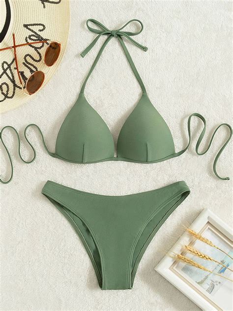 SHEIN Swim Seam Detail Push Up Halter Bikini Swimsuit SHEIN EUR