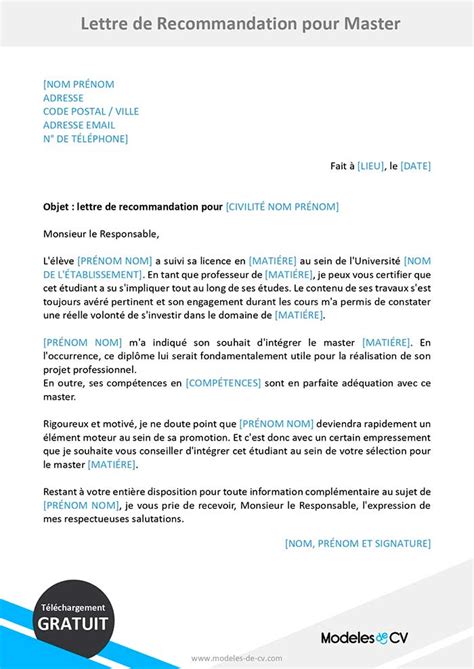 Lettre De Recommandation Pour Un Master Exemple Gratuit