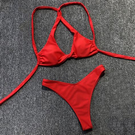 Red Swimsuit Solid Bikini Set Sexy Thong Swimwear Women Push Up Bikini Halter Bandage Bathing