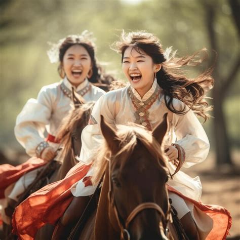 Dos mujeres montan a caballo y una tiene a la otra con una faja roja