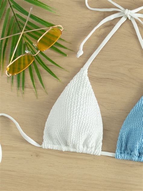 Top bikini triángulo de color combinado con textura con cordón trasero halter Moda de Mujer