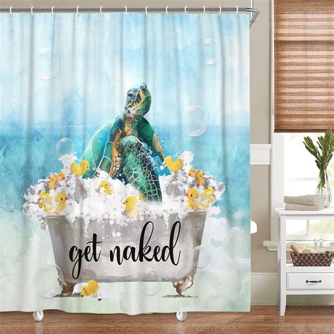 Funny Get Naked Shower Curtain Sea Turtle And Yellow Duck In Bubble Bathtub Shower Curtain For