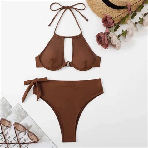 Womens Halter Neck Bikini Set With Side Tie Bottoms On Luulla