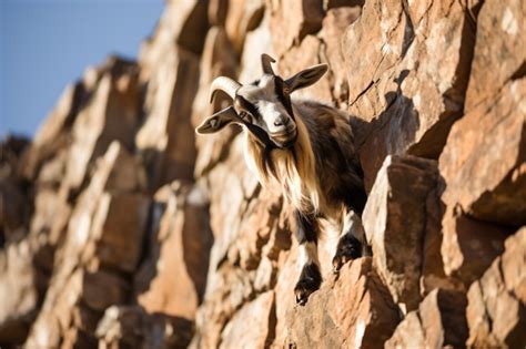 Premium Ai Image A Goat Is Climbing Up A Rock Wall