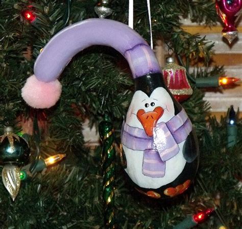 Hand Painted Holiday Penguin Gourd Ornament Ofg Team Etsy Hand