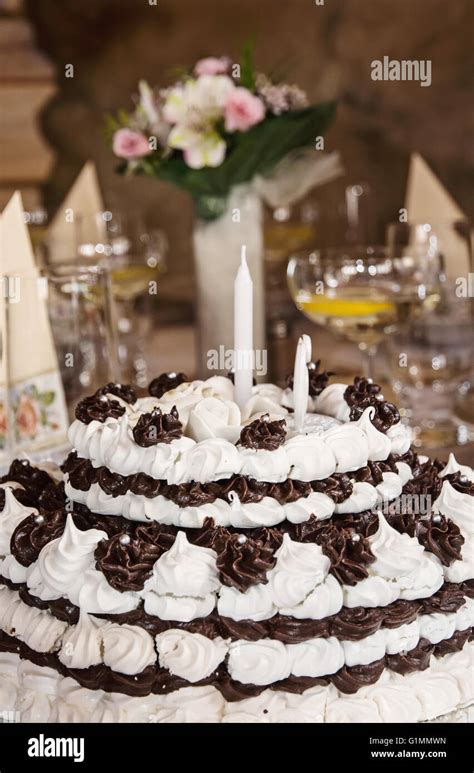 Big Birthday Chocolate And Foam Cake On The Table Symbolic Food Feast
