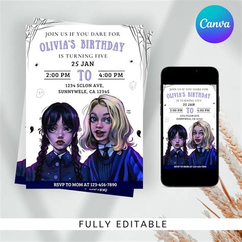 Editable Wednesday Addams Birthday Invitation Template Etsy