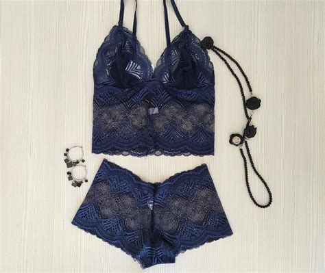 Comprar Conjunto Lingerie Kales Azul Marinho Calcinha Sutiã Renda Menor Preço Prelas Moda Online