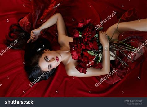 Beautiful Sexy Brunette Bouquet Red Roses Stock Photo Shutterstock