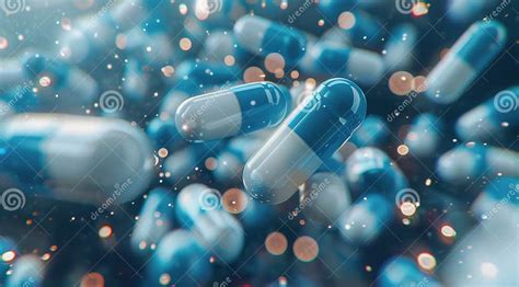 Close Up View Of Blue And White Capsule Pills With White Granules Stock