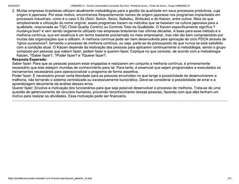 Gest O Da Qualidade De Produtos E Processos Prova Final Discursiva