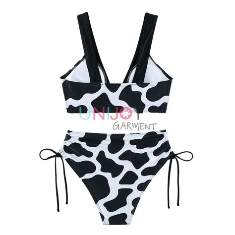 Custom Cow Print Deep V Swimwear Drawstring Side Bikini Unijoy
