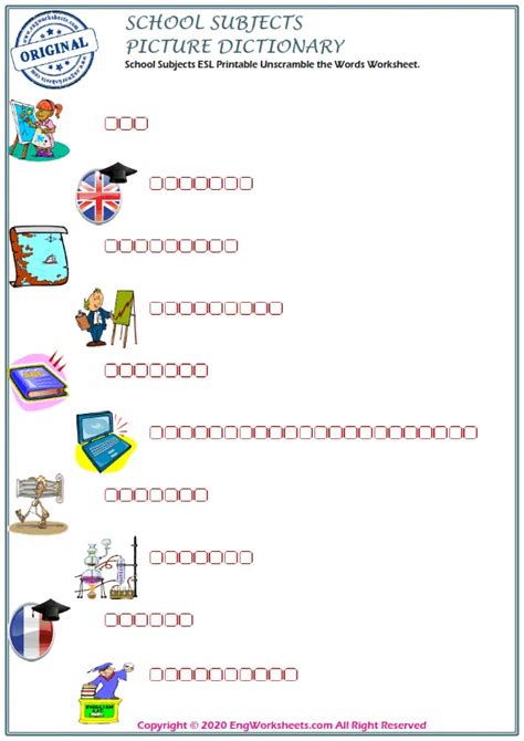 School Subjects Esl Printable Unscramble The Words Worksheet