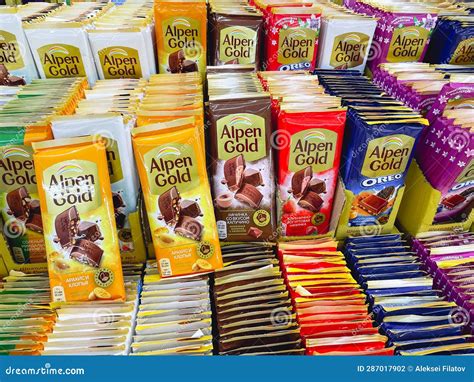 Tyumen, Russia-June 14, 2023: Counter with Different Types of Alpen ...