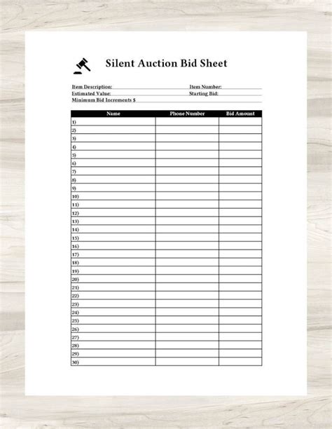 Printable Silent Auction Bid Sheet Great For Charity School Fundraisers