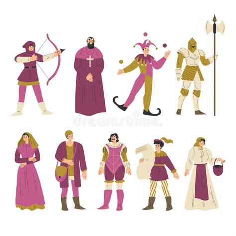 Medieval People Character In Standing Pose Wear European Costume Vector