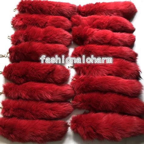 Wholesale Real Fox Fur Tail Keychain Set 40cm 16 Dyed From Natural Blue