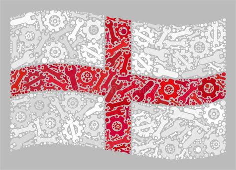 Waving Factory England Flag Mosaic Of Cog And Spanner Objects Stock