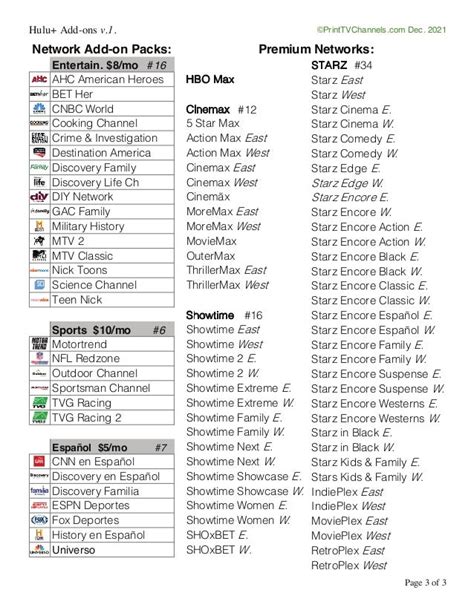 Hulu Channel List Printable - Printable Free Templates