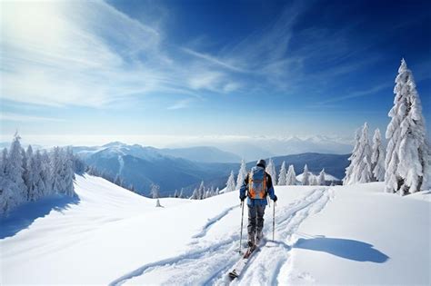 Premium Photo A Man Riding Skis Down A Snow Covered Slope