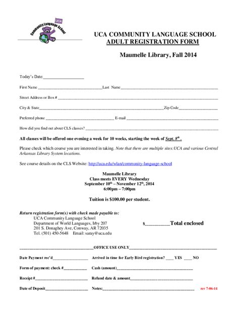 Fillable Online Uca Community Language School Adult Registration Form