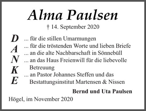 Traueranzeigen Von Alma Paulsen Sh Z Trauer