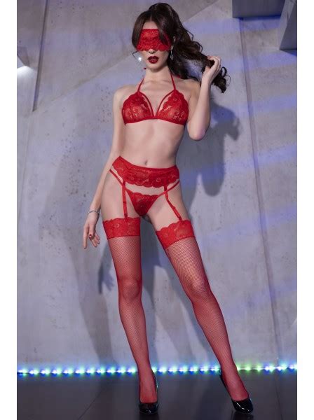 Chilirose Lingerie Set Rosso In Pizzo Con Reggicalze E Benda