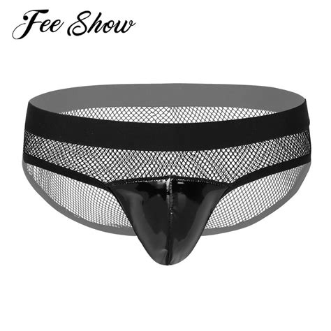 Jual PREORDER Mens Sexy Panties See Through Sheer Fishnet Splice Lingerie Elastic Waist Patent