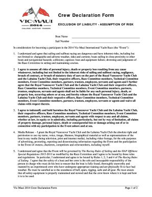fillable  vicmaui crew declaration form vic maui yacht race fax