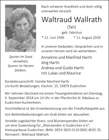 Traueranzeigen Von Waltraud Wallrath WirTrauern