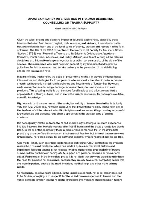Doc Update On Early Intervention In Trauma Debriefing Counselling