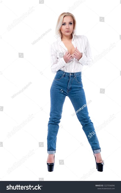 Beautiful Sexy Blonde Girl Jeans White Stock Photo 1227556096 Shutterstock